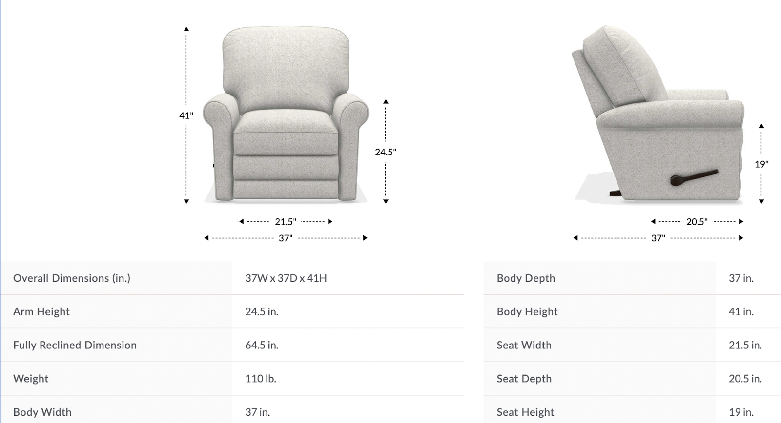 addison gliding recliner dimensions