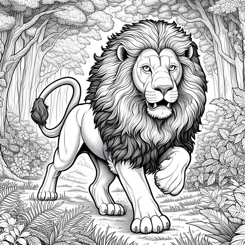 leão feroz caminhando pela floresta para pintar