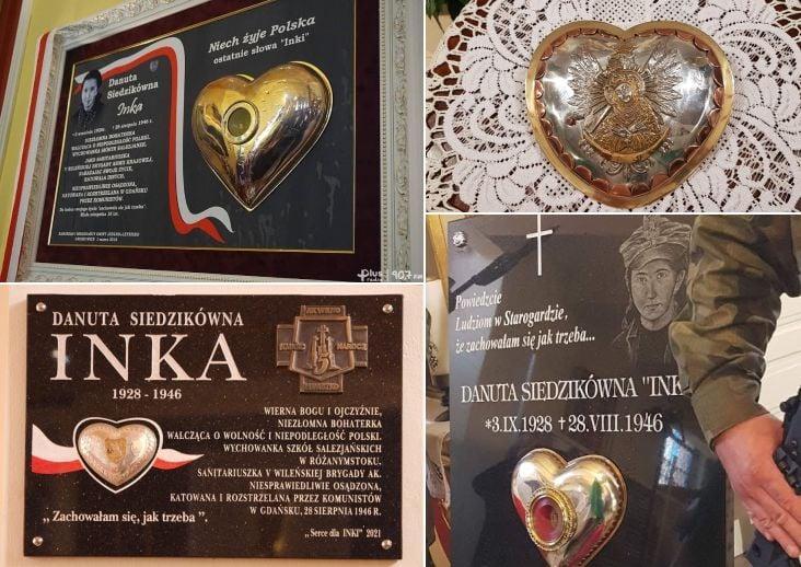 Zdjęcia przedstawiające tablice upamiętniające Danutę "Inkę" Siedzikównę". Są to tablice z akcji "Serce dla Inki". Na tablicy widnieje data urodzenia i śmierdzi Inki (3 września 1928 - 28 sierpnia 1946) oraz serce wykonane z przetopionej biżuterii, z wizerunkiem Marki Boskiej w środku.