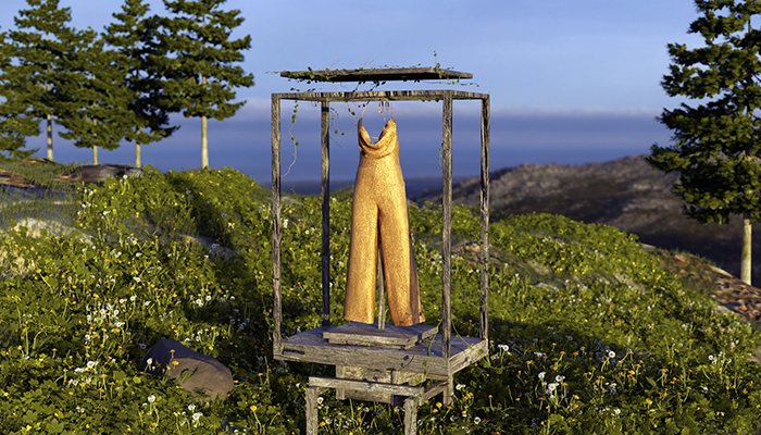 3D Model of golden jump suit in nature environment.