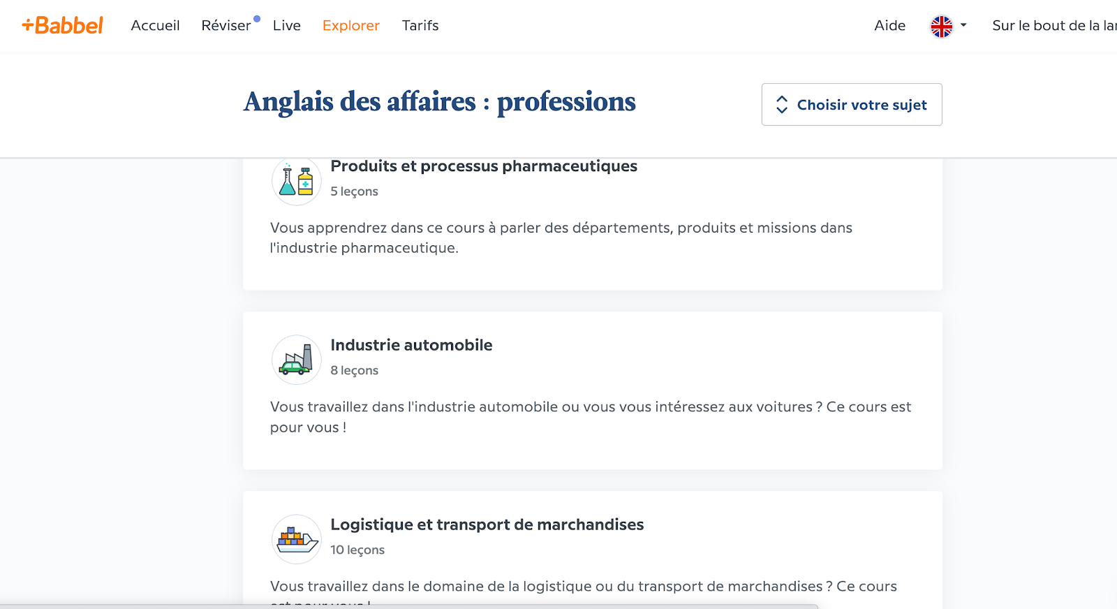 Exemple de contenu dans l'application Babbel - sur-le-bout-de-la-langue.com
