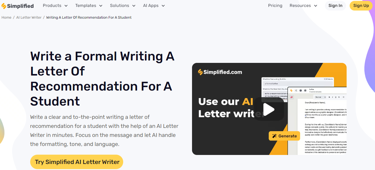 Simplified's AI Letter Writer for Student Recommendations