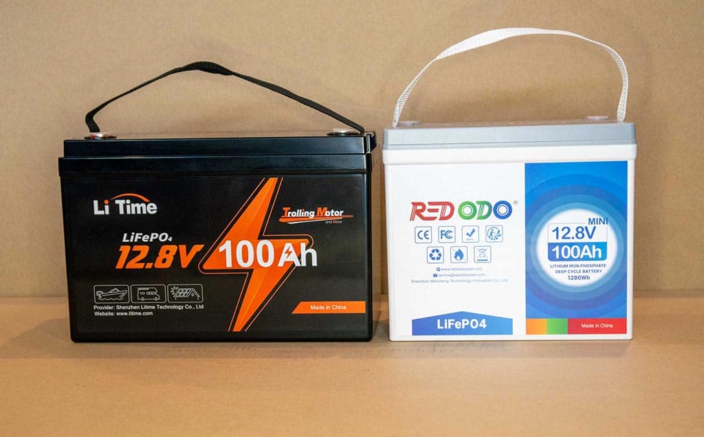Li Time lithium battery and Redodo Mini lithium battery sitting side-by-side