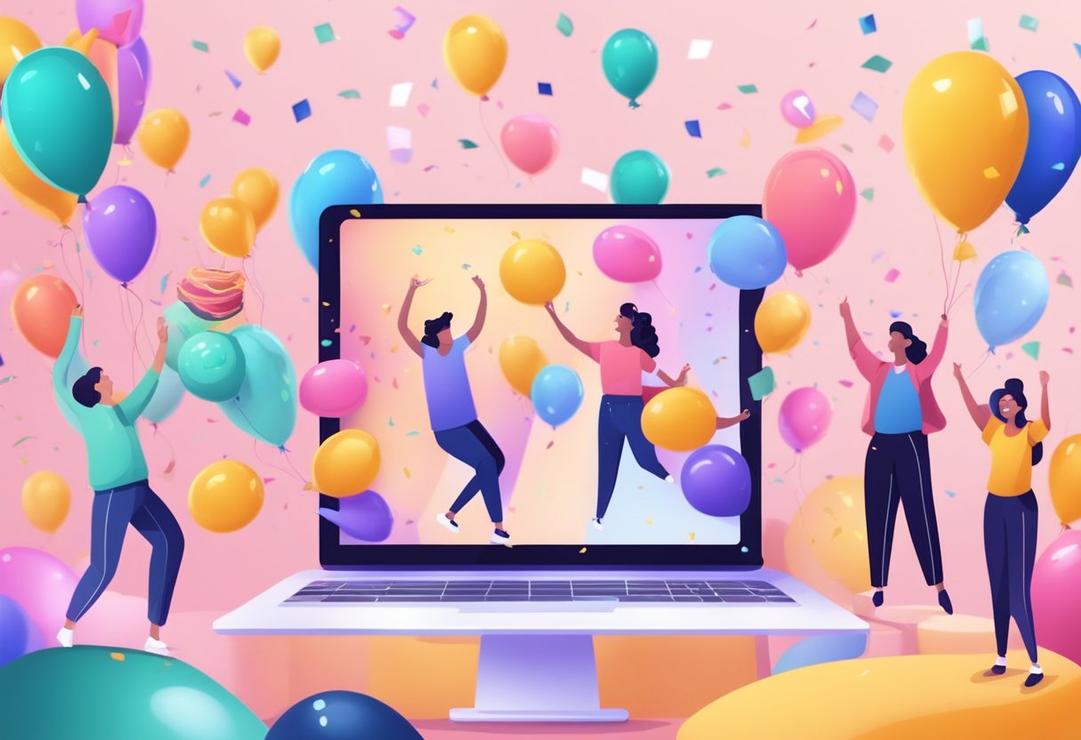 Colorful virtual party with balloons, cake, and confetti. People on screens smiling and waving. Happy birthday messages and virtual gifts