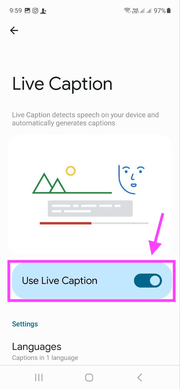 Turn off live captions - Via Android phone settings
