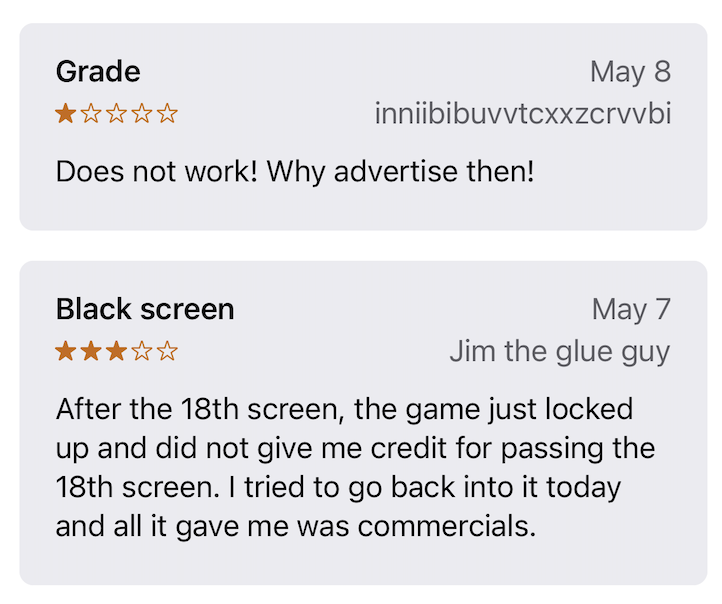 Negative Apple App Store reviews from users complaining about glitches in the app. 