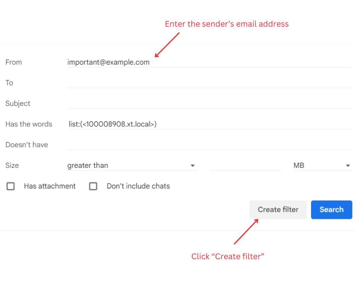 enter the sender’s email address into the “From” field and click “Create filter”