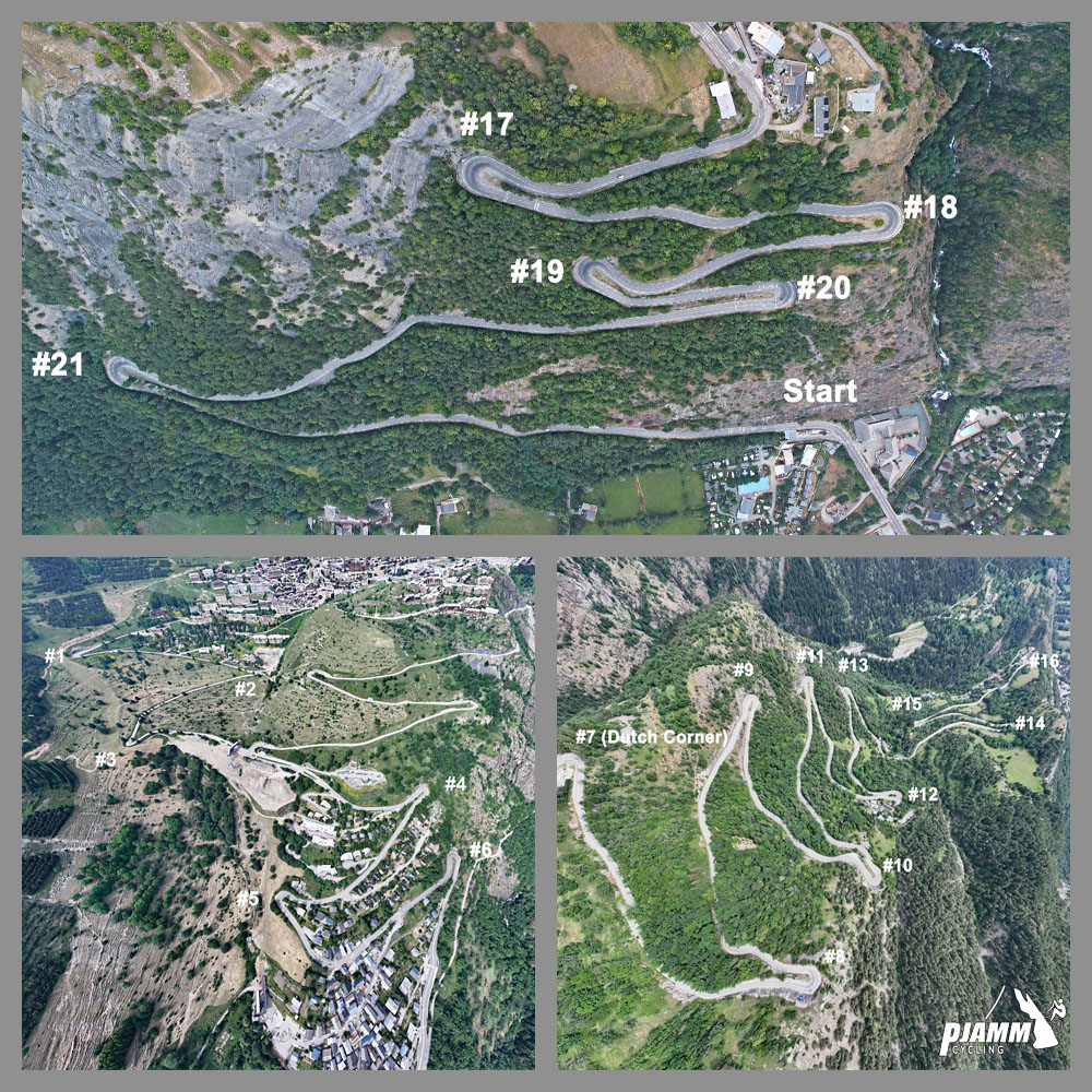 photo collage shows aerial drone views of the hairpin turns on the Alpe d'Huez climb, with each turn numbered