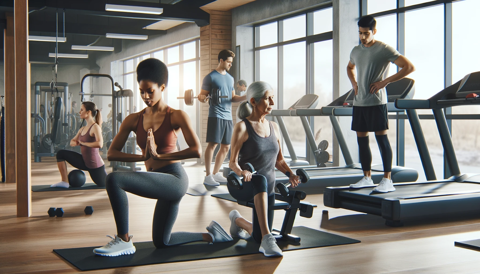 Alt: "A middle-aged Black woman practicing yoga, a young South Asian man lifting weights, and an elderly Caucasian woman walking on a treadmill in a bright gym
