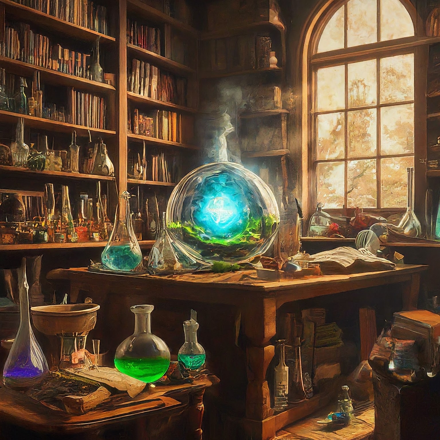 An image of a chemistry lab with colorful flasks around the table, a bookshelf in the background and light peeking through a window