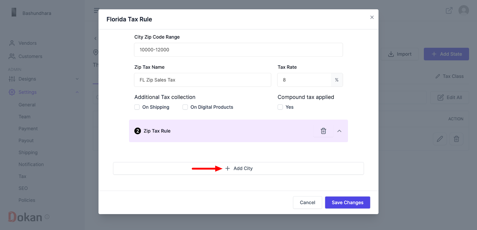 A screenshot to configure tax rules 