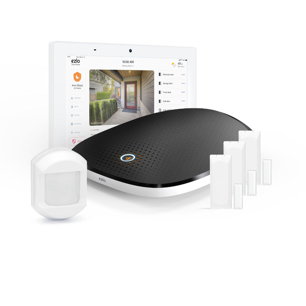 EZ Essentials+ Kit consists of the Ezlo Secure Hub, 3 Thin Door/Window Contact Sensors, a Wireless PIR Motion Detector, and the Ezlo 10” Touchscreen