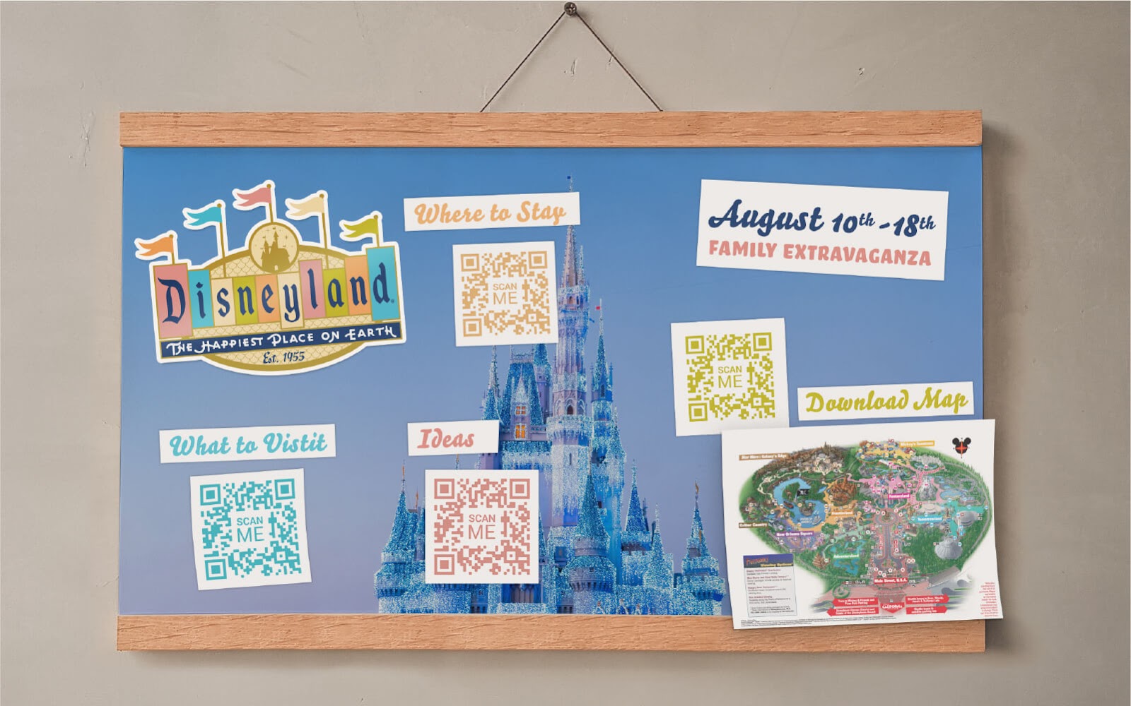 Board filled with QR Codes and images related to travel at Disneyland