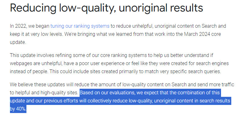 Google reduces unoriginal and spammy content by 40%