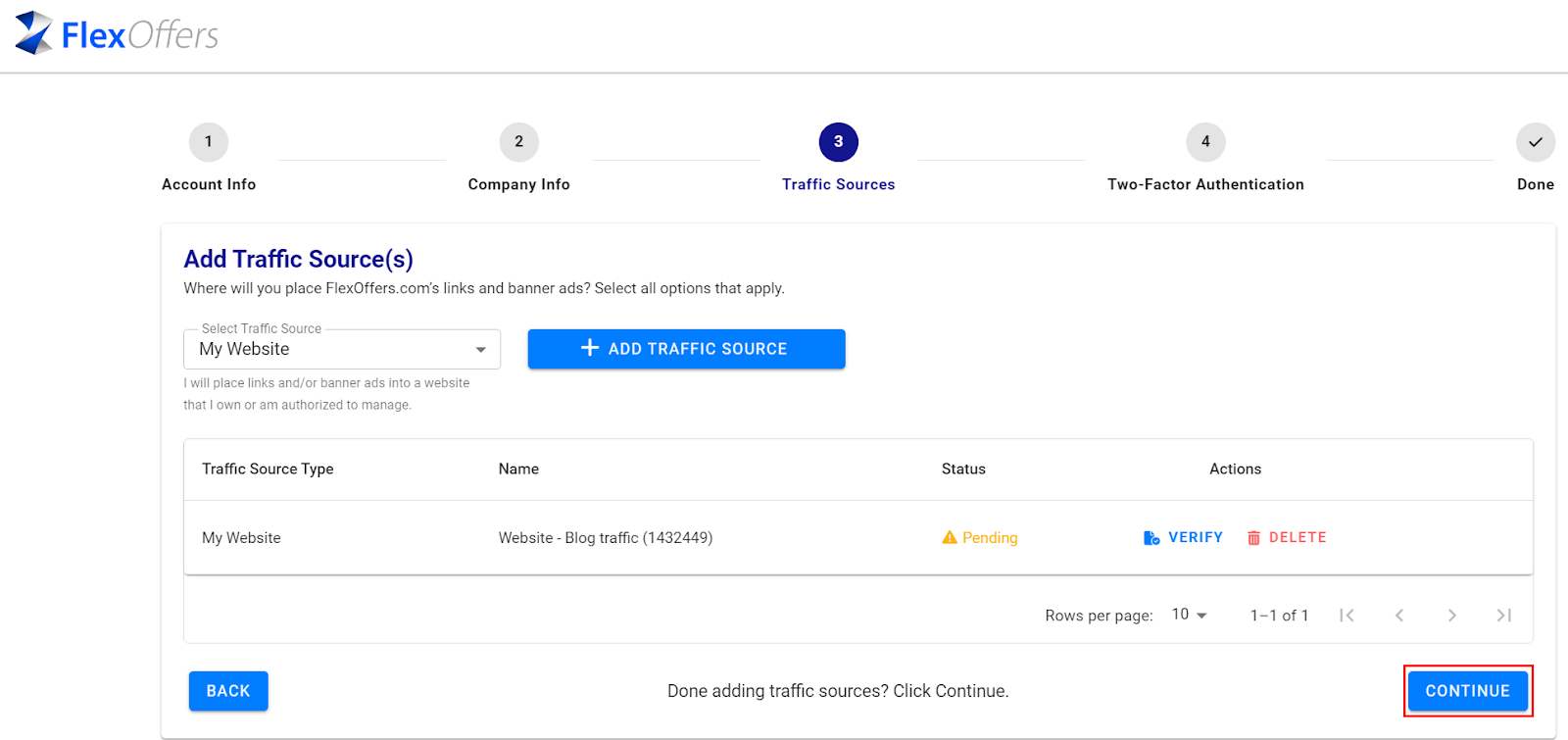 Traffic source addition completion 