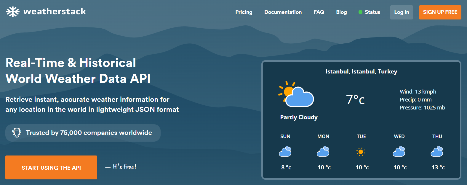 home page of the weatherstack event planning weather api