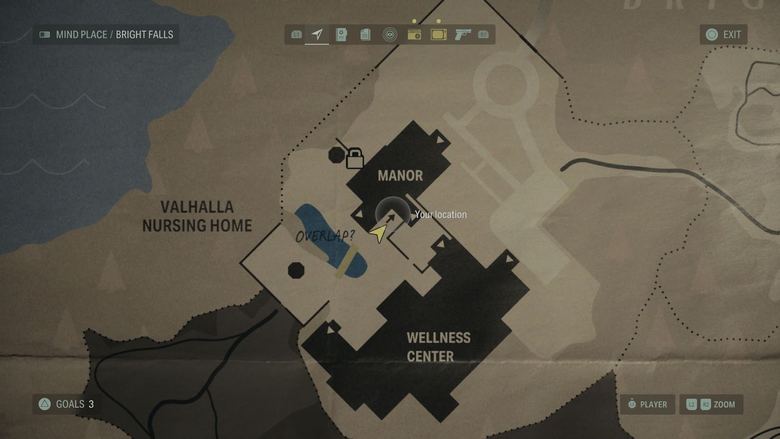 An in game screenshot of the Valhalla Nursing Home map in Alan Wake 2. 