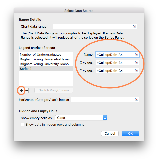 In the Name area type =CollegeDebt!A4
In the X Values area type =CollegeDebt!B4
In the Y Values type =CollegeDebt!C4

