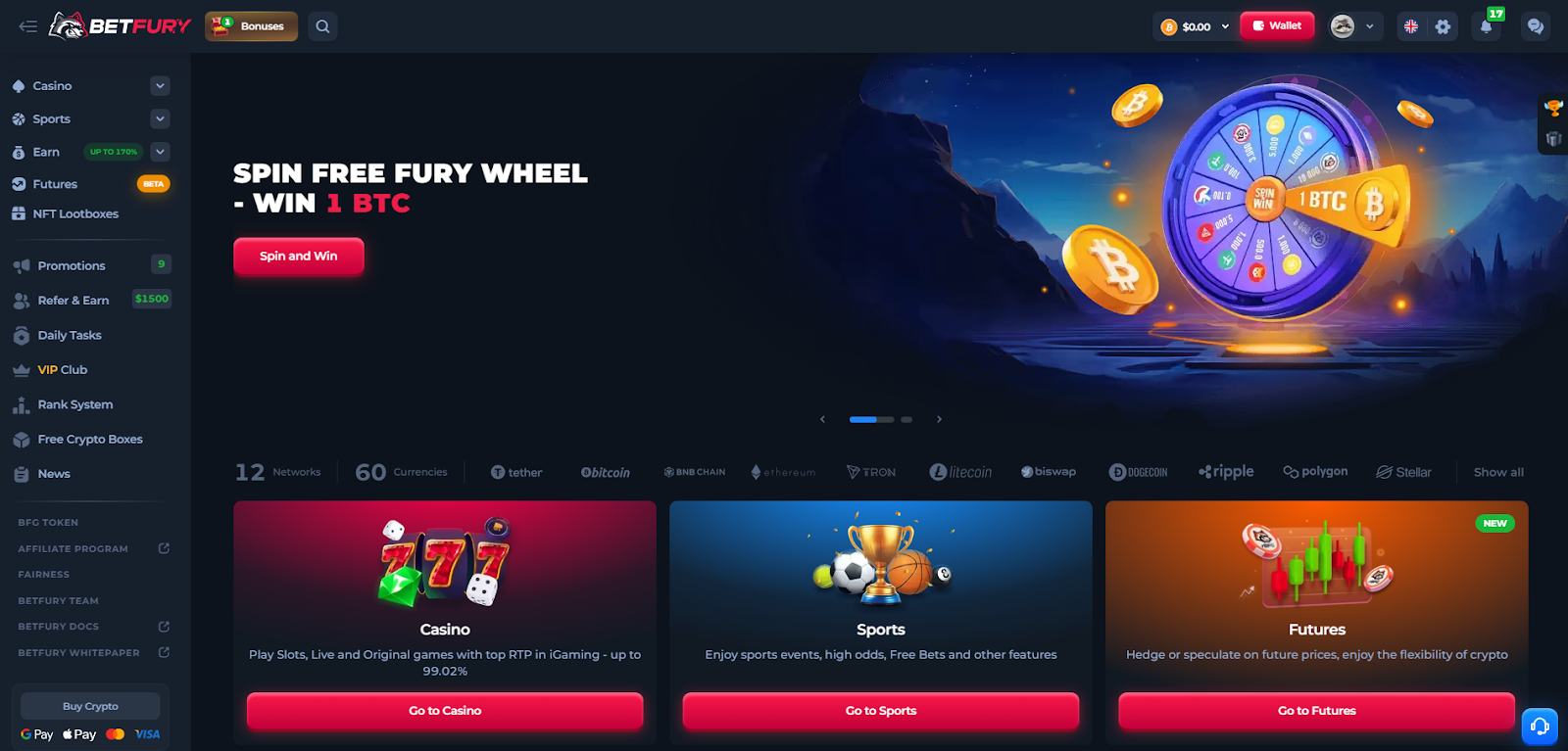 Betfury’s homepage and sidebar hold all the site’s crucial features