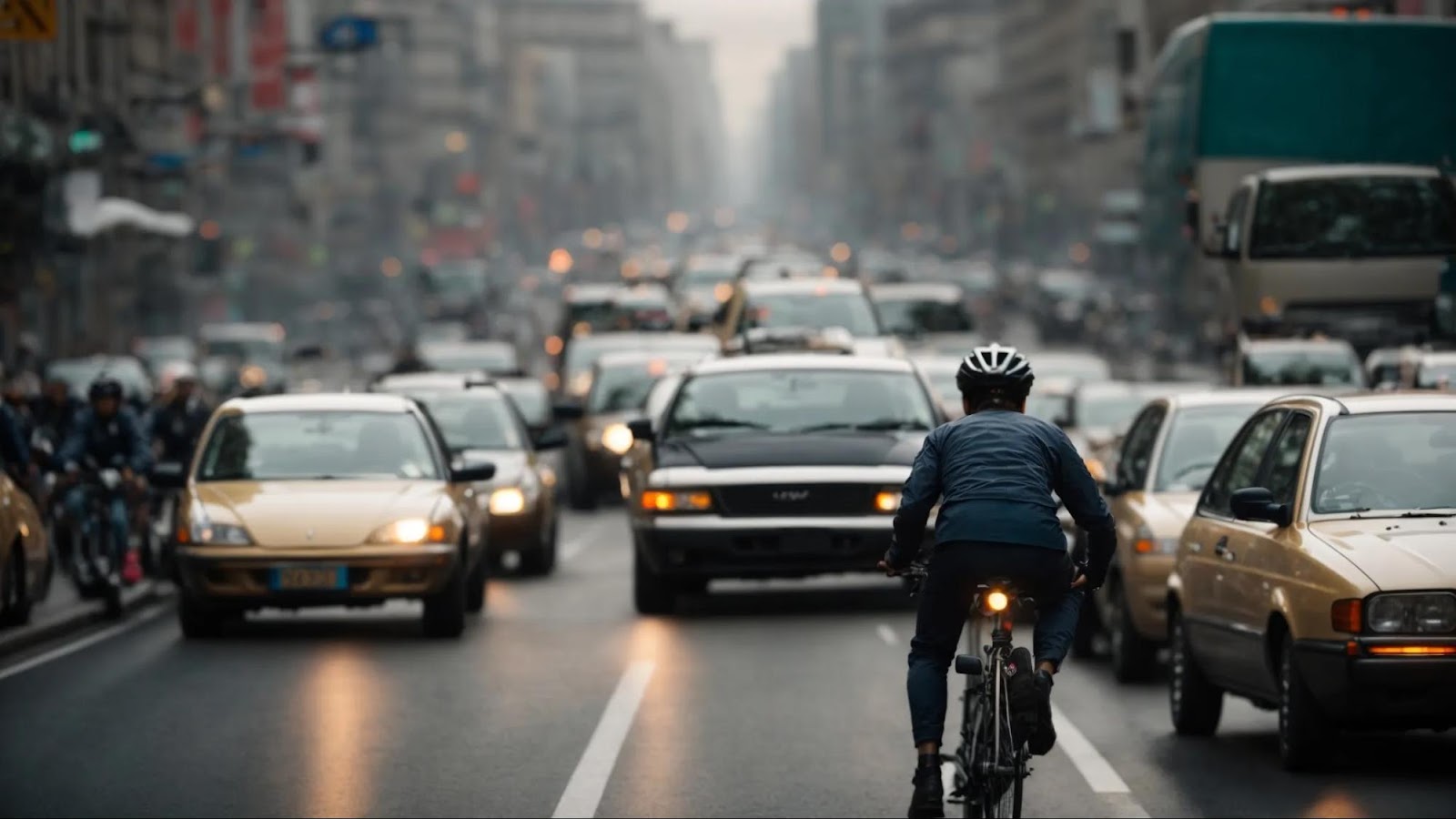a cyclist carefully maneuvers through congested city traffic, with vehicles closely flanking either side.
