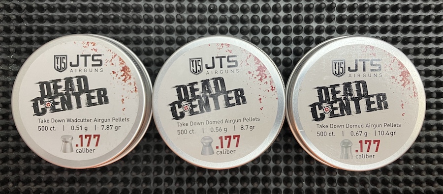 three tins of JTS Dead Center pellets in .177 caliber: 1 wadcutter & 2 domed (8.7 gr & 10.4 gr).