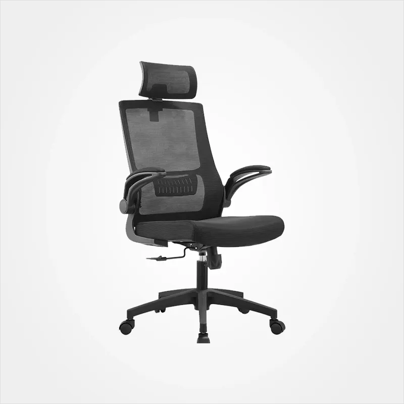 Black fabric office chair with breathable mesh backrest, high back, reclining function, and headrest