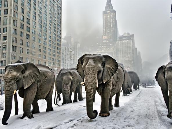 A group of elephants walking in the snow

Description automatically generated