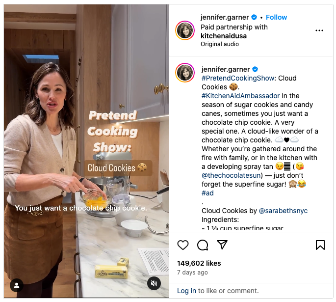 Actress Jennifer Garner’s Instagram account featuring a video of her making chocolate chip cookies in her kitchen.