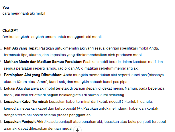  Results displayed by ChatGPT for the keyword "cara mengganti aki mobil" (how to change a car battery).