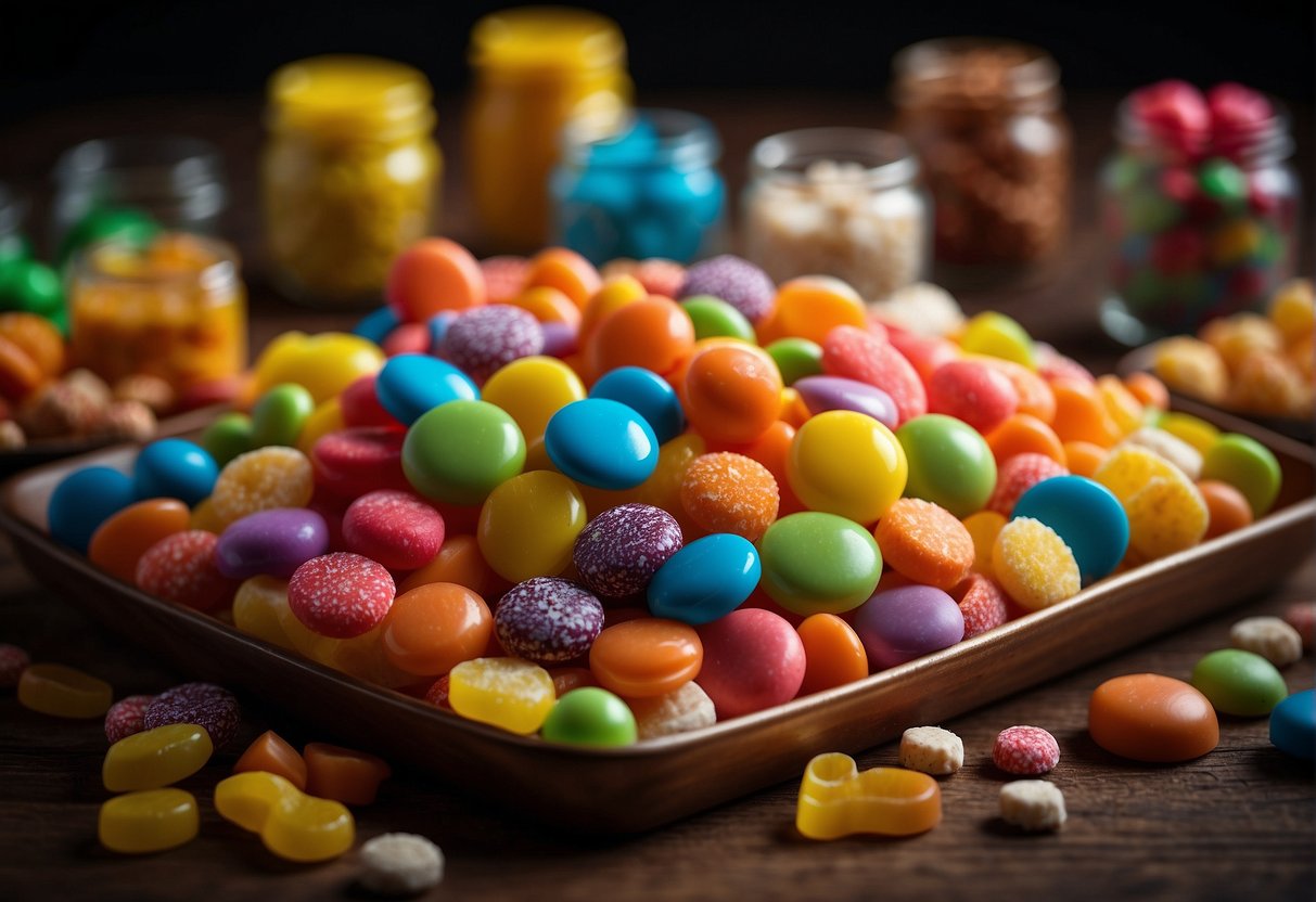 A variety of candy shapes and presentation types displayed on a colorful, organized table