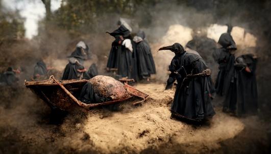 prompthunt: medieval plague doctors dumping bodies in a wheelbarrow, black  robes, assymetrical, 8K, post-production, super detailed, ultra HD,  photorealistic, clear focus,