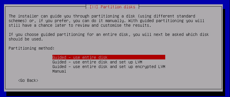 Определите разбиение диска на разделы. Выберите <b>“Guided - use entire disk”</b>.