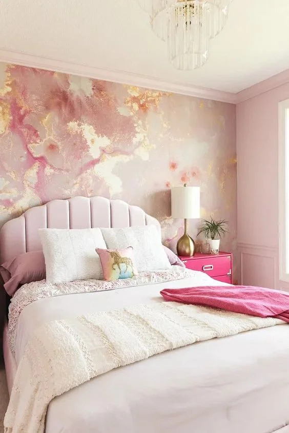 Two colour combination for bedroom walls #26: pink and gold.