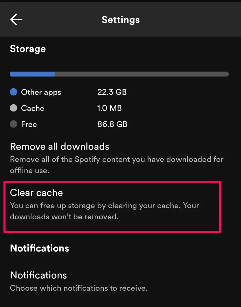 Alt=Spotify Settings screenshot, the Storage section, the Clear cache option is highlighted in red