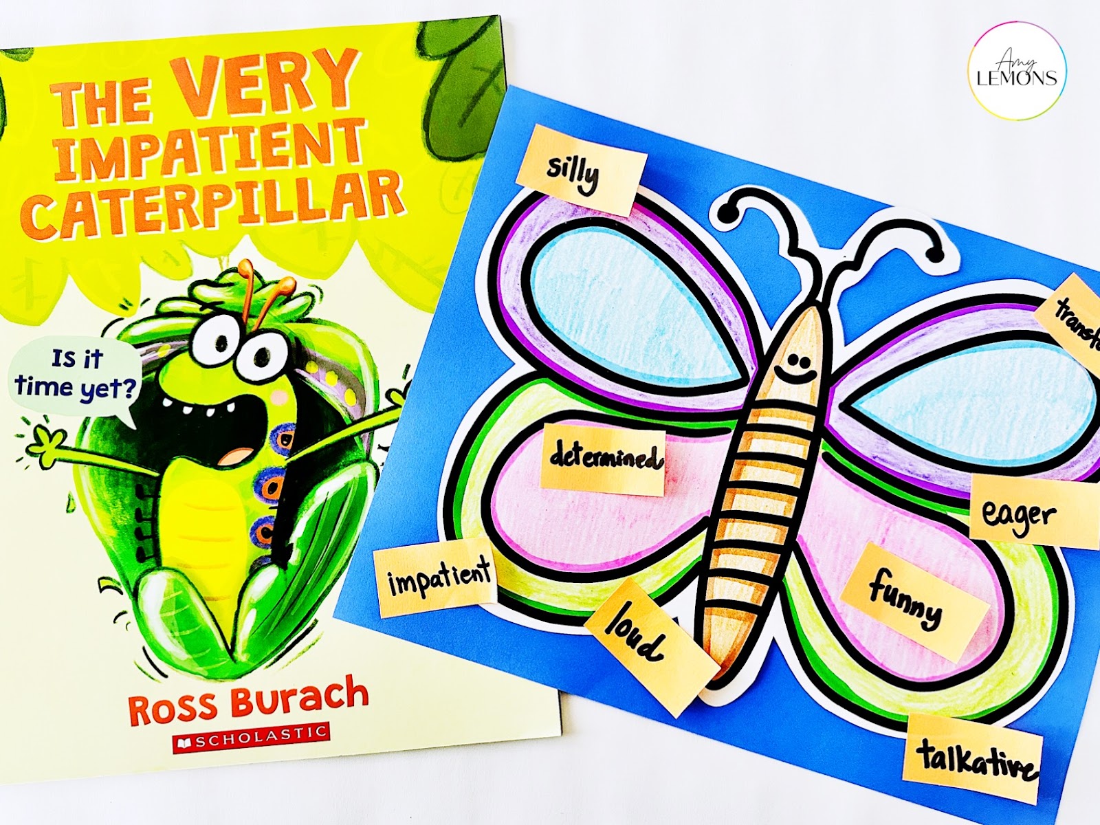The book The Very Impatient Caterpillar with a butterfly directed drawing and a character traits activity.