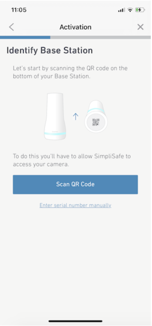 Identify Base Station screen in SimpliSafe® Mobile App activation with Scan QR code button