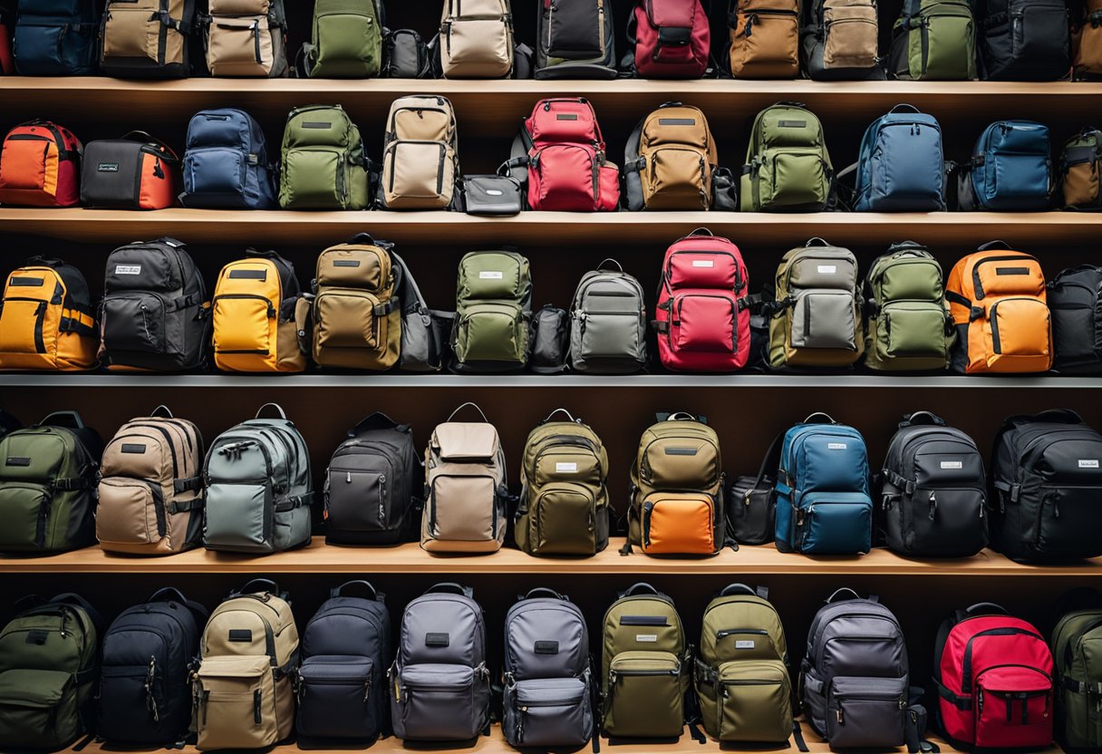 A collection of top hiking backpacks from various brands displayed on a store shelf