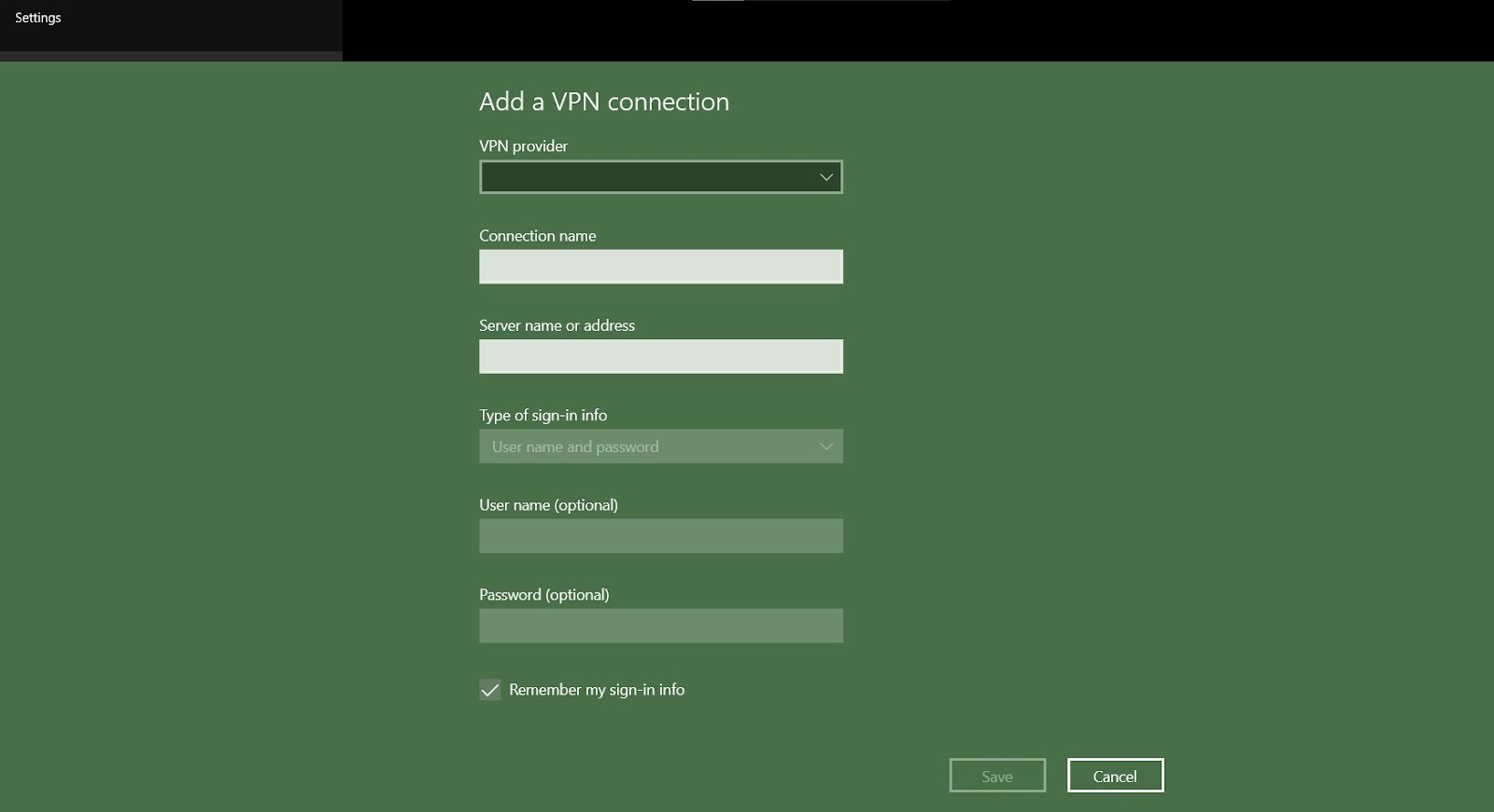 Settings to manually configure a VPN on Windows
