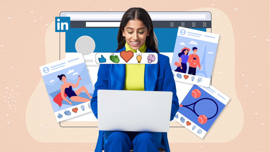 Illustration of a woman sitting on her laptop and emoji are coming out of her mouth. She is responding to a post on LinkedIn.