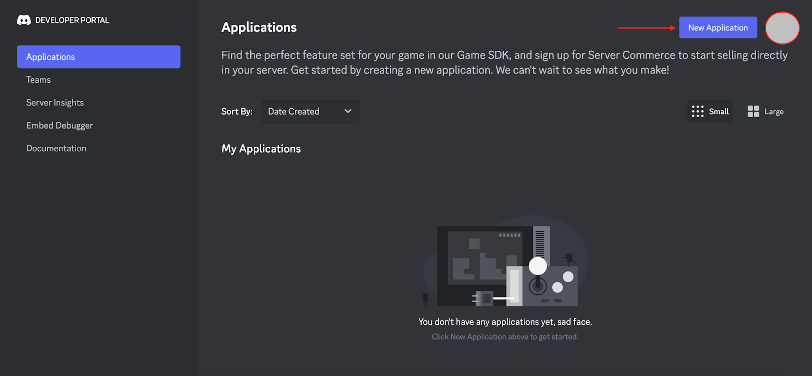 New Application on Discord Developer Portal