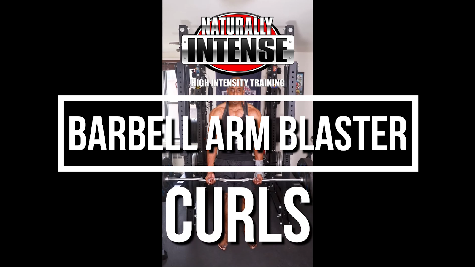 Natural Bodybuilder Kevin Richardson demonstrating high intensity training with arm blaster barbell curls
