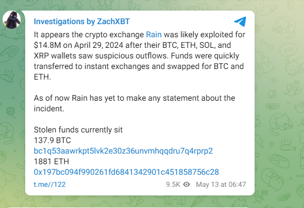 Rain Crypto Exchange Suspected of $14.8 Million Exploit