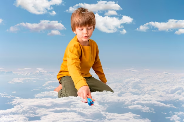 a giant little boy playing in the clouds