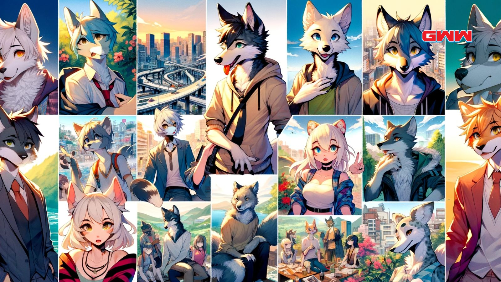 Collage de anime furry con Legoshi, Michiru y Hana en diversos escenarios