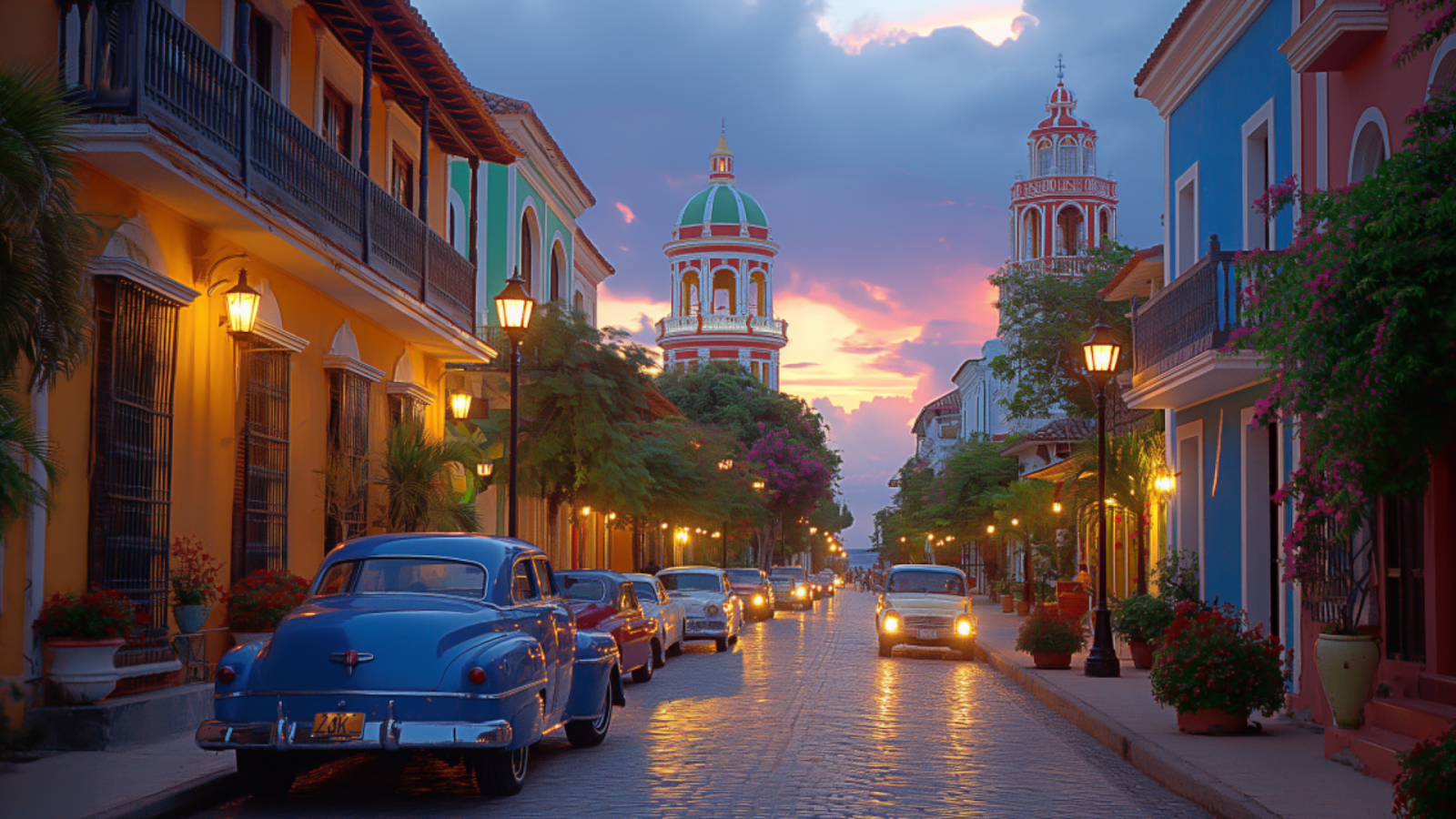 Evening life on Quinta Avenida with illuminated colonial buildings.