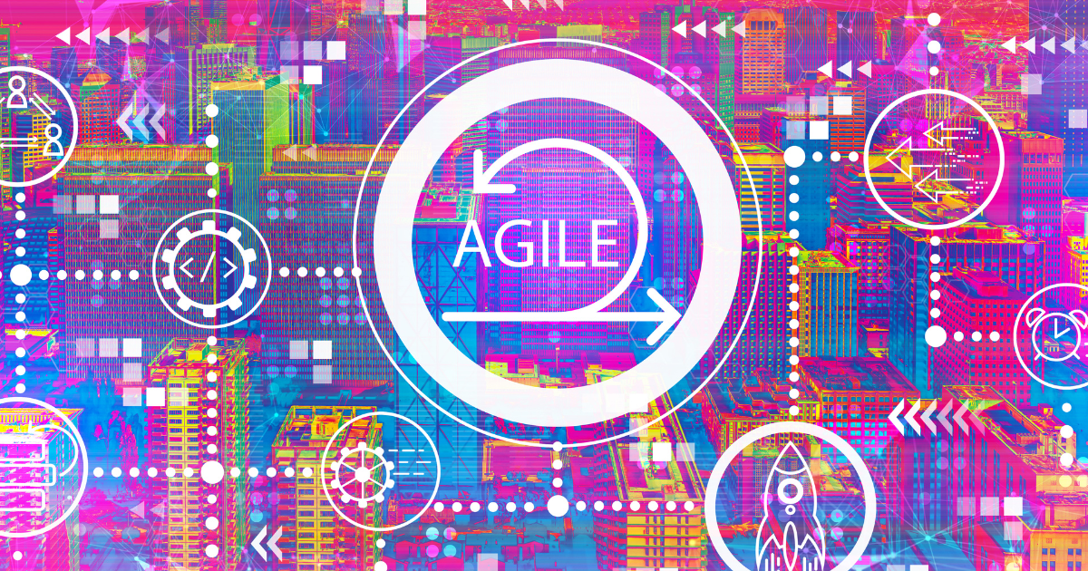Abstract digital illustration representing agile enterprise coaching with cityscape background.
