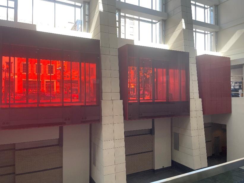 A red glass windows on a building