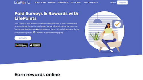 The sign-up page of the LifePoints website discussing paid surveys and the rewards they offer. 