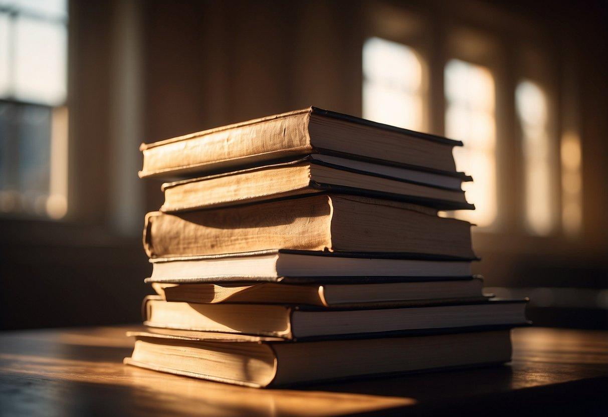 A stack of open books, each with a unique cover, casting long shadows in the warm sunlight, surrounded by scattered pages and a pencil with scribbled notes