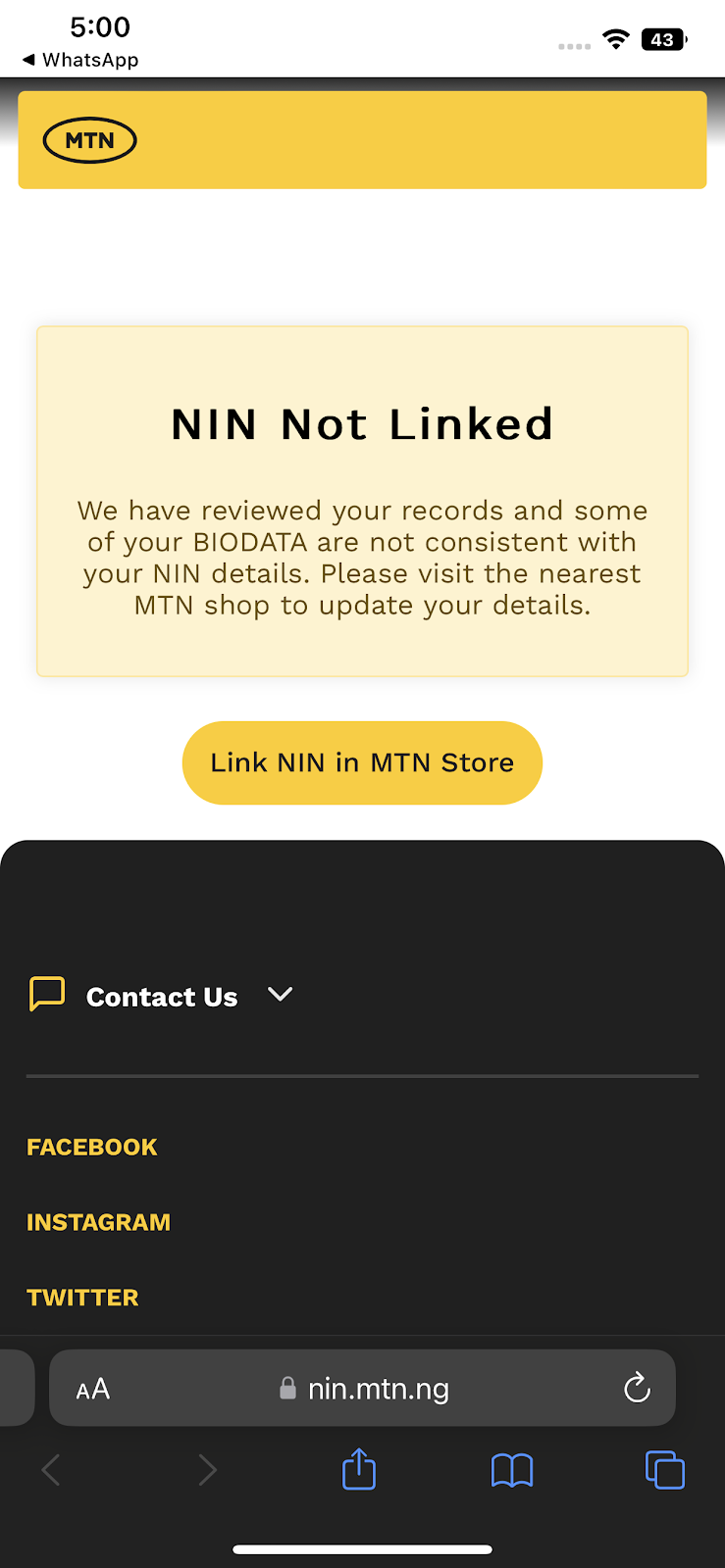 link NIN to MTN line error